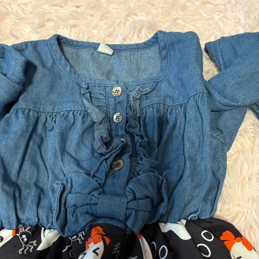 Ghost Denim Dress Halloween Girly Blue Black Long Sleeve Sz 140